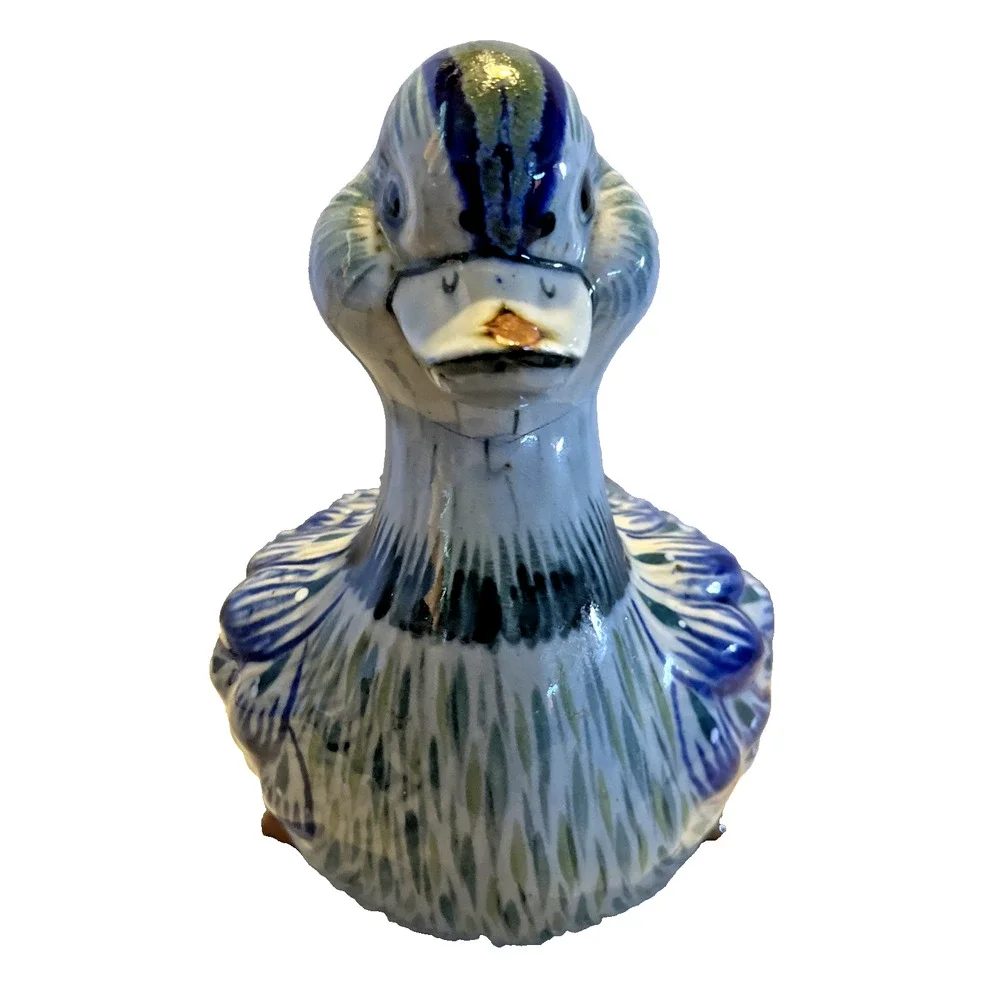 Mexican hand-painted tonala pottery duck Cobalt Blue 8.5x9